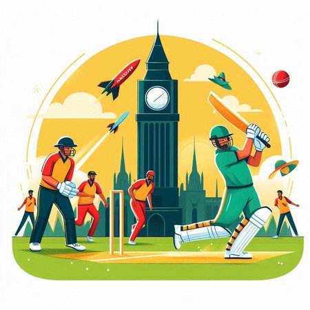 Cricket players in action. Vector illustration of cricket match.のイラスト素材