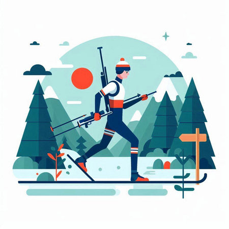 Winter sport. Man skiing in the forest. Flat vector illustration.のイラスト素材