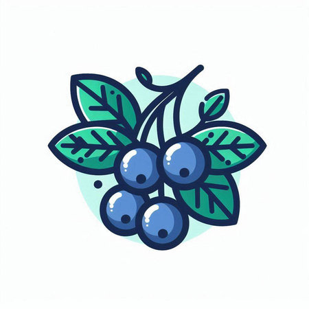 Blueberry vector icon. Hand drawn blue berry with green leaves.のイラスト素材