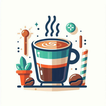 Coffee cup with latte art, flat vector illustration.のイラスト素材