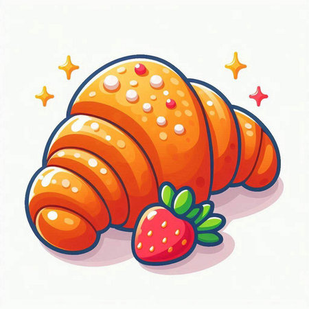 Cute cartoon croissant with strawberry. Vector illustration of sweet food.のイラスト素材