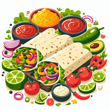 Mexican food background with tortillas and ingredients. Vector illustration.のイラスト素材
