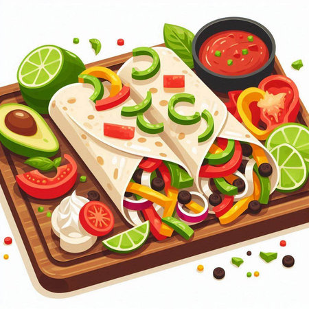 Mexican burrito with avocado, tomato, pepper, onion, onion, cucumber, bell pepper and cheeseのイラスト素材