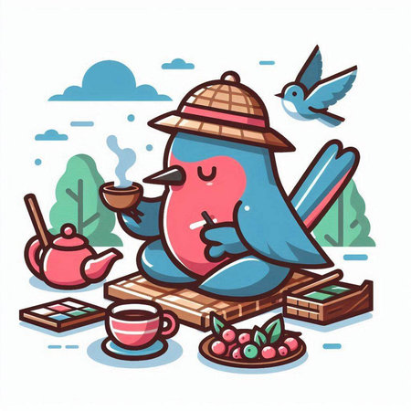 Vector illustration of a cute bird sitting on a wooden bench and drinking tea.のイラスト素材