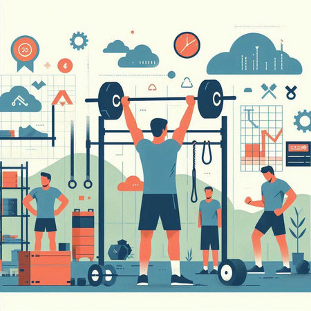 Vector illustration of a man lifting barbell in the gym. Flat style design.のイラスト素材