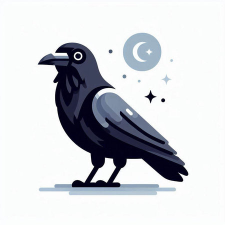 Crow with moon and stars on white background. Vector illustration.のイラスト素材