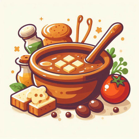 Tomato soup in wooden bowl with spoon and ingredients. Vector illustration.のイラスト素材