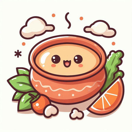 Cute cartoon vector illustration of a bowl of soup with fruits and vegetablesのイラスト素材