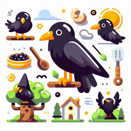 Crow in the forest. Cute cartoon character. Vector illustration.のイラスト素材