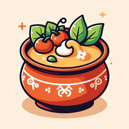 Ceramic pot with soup. Vector illustration in cartoon style.のイラスト素材