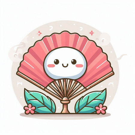 Folding fan with cute kawaii character. Vector illustration.のイラスト素材