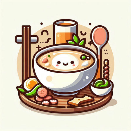 Cartoon vector illustration of miso soup with chopsticks and spoonのイラスト素材