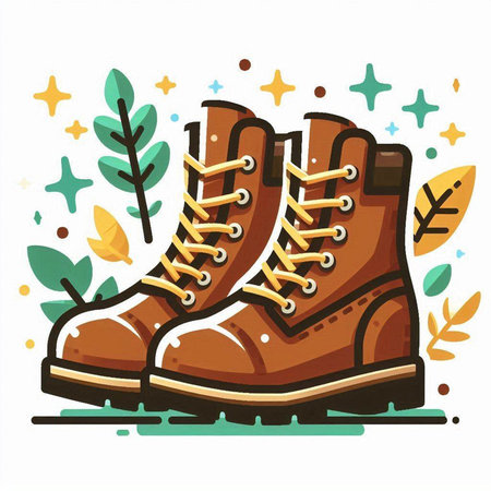 Hiking boots on a background of leaves and stars. Vector illustrationのイラスト素材