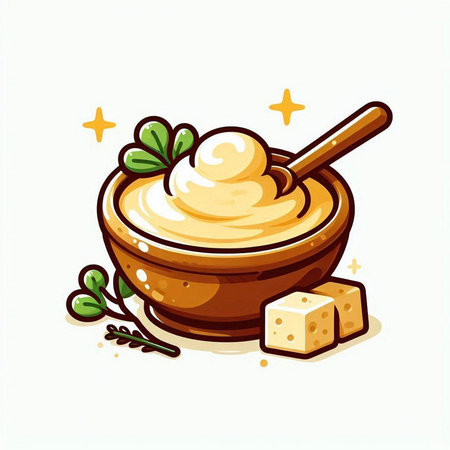 Vector illustration of a bowl of mayonnaise with a spoon.のイラスト素材