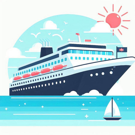 Cruise ship on the sea. Vector illustration in flat style.のイラスト素材