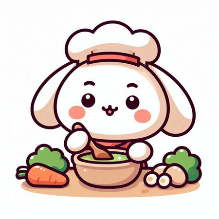 Cute bunny chef with a bowl of soup. Vector illustration.のイラスト素材