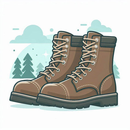 Vector illustration of a pair of brown hiking boots on the background of the forest.のイラスト素材