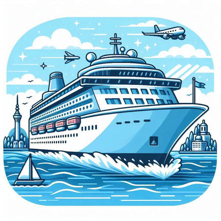Cruise ship on the background of the city. Vector illustration.のイラスト素材