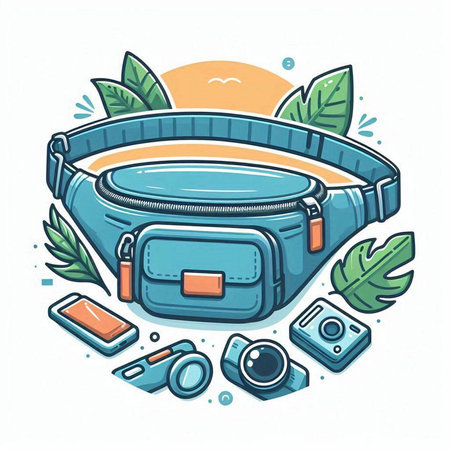 Vector illustration of a handbag with camera, phone and leaves.のイラスト素材