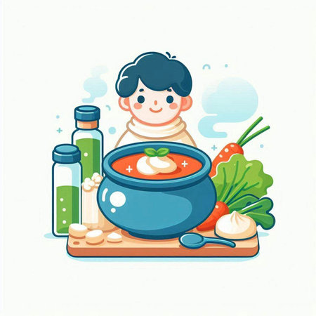 Vector illustration of a boy cooking soup with vegetables in a pot.のイラスト素材