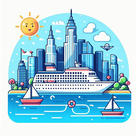 Cruise ship and cityscape. Vector illustration in flat style.のイラスト素材