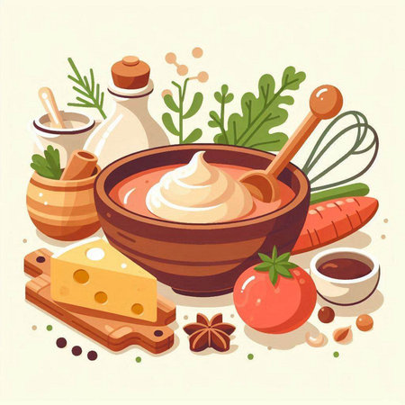 Vector illustration of a bowl with mayonnaise and ingredients for cooking.のイラスト素材