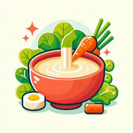 Noodle soup in bowl with carrot and onion, vector illustration.のイラスト素材
