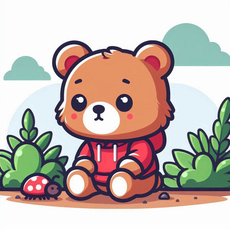 Cute Teddy Bear sitting on the ground in the garden. Vector illustration.のイラスト素材