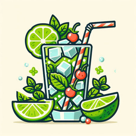 Mojito cocktail with lime, mint and ice. Vector illustration.のイラスト素材