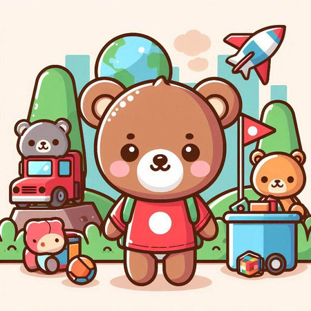 Cute bear with toys in the park, vector cartoon illustration.のイラスト素材