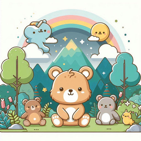 Illustration of Cute Teddy Bears in the Forest with a Rainbowのイラスト素材