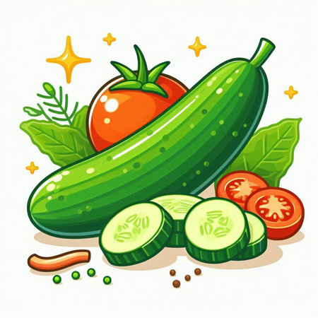 Cucumber, tomato and pepper on a white background. Vector illustration.のイラスト素材