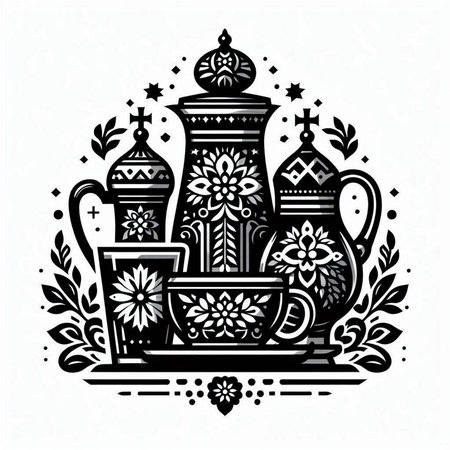 Coffee pot and cup in ethnic style. Vector illustration.のイラスト素材