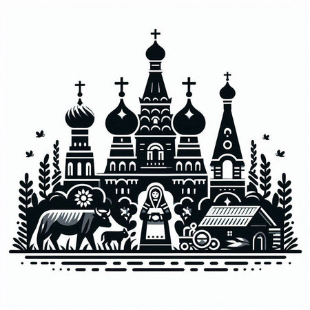 Church of the Intercession of the Blessed Virgin Mary. Monochrome vector illustrationのイラスト素材