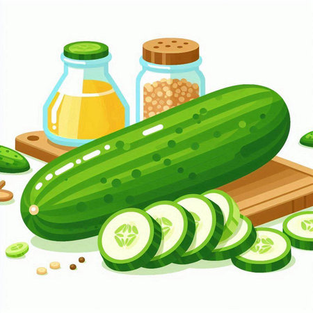 Cucumber and ingredients for cucumber soup. Vector illustration.のイラスト素材