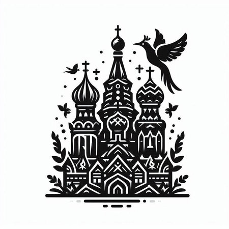 Church of St. Basil the Blessed. Black and white vector illustration.のイラスト素材