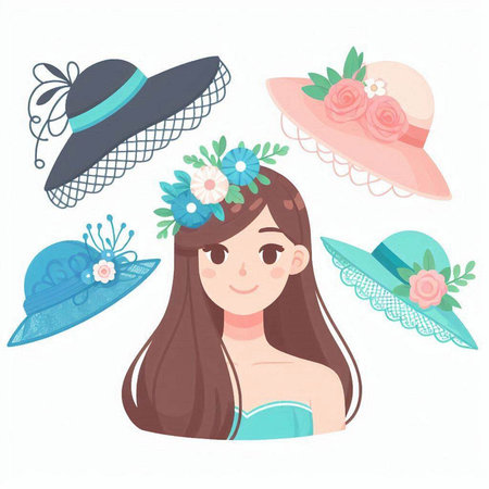 Beautiful girl in a hat with flowers on her head. Vector illustration.のイラスト素材