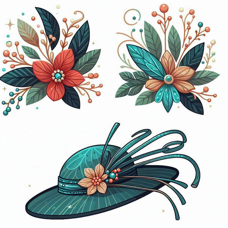 Set of stylized flowers, leaves and hat. Vector illustration.のイラスト素材