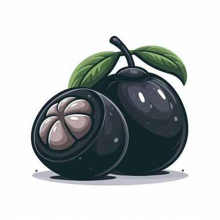 Black plum with leaves isolated on white background. Vector illustration in cartoon style.のイラスト素材