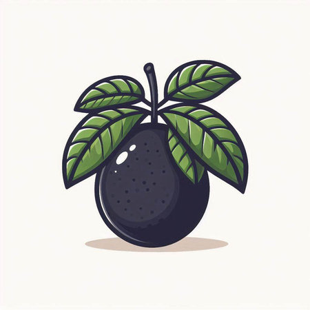 Illustration of a black plum with leaves on a white background.のイラスト素材