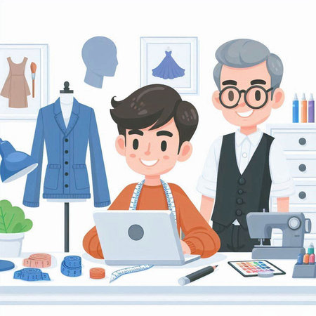 Fashion designer and tailor man working with laptop. Vector illustration.のイラスト素材