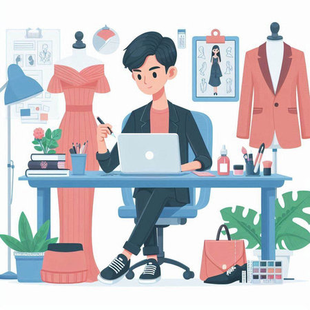Fashion designer working at his office. Vector illustration in cartoon style.のイラスト素材