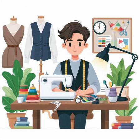 Fashion designer man working at his workplace. Vector illustration in cartoon style.のイラスト素材