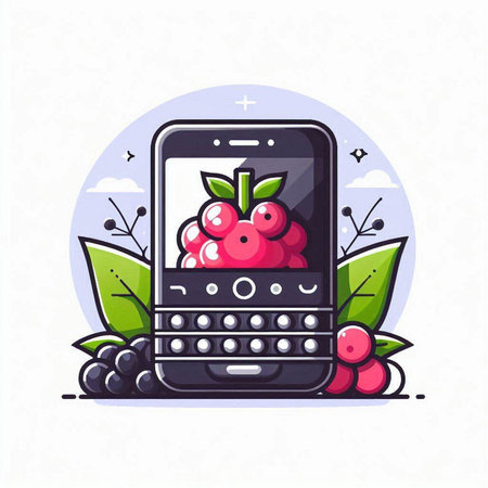 Mobile phone with raspberries on the screen. Vector illustration.のイラスト素材