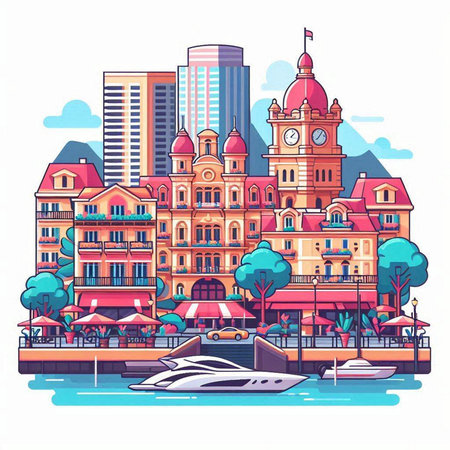 Cityscape with buildings and boats. Vector illustration in flat style.のイラスト素材