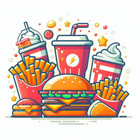 Fast food icon with burger, french fries and soda. Vector illustrationのイラスト素材