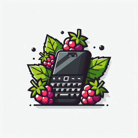 Mobile phone with blackberries and leaves. Vector illustration in flat style.のイラスト素材