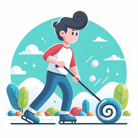 Young man riding a rollerskate. Flat vector illustration.のイラスト素材