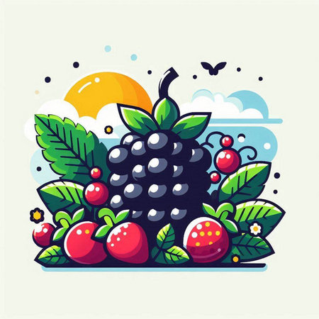 Ripe blackberry with berries and leaves. Vector illustration in flat style.のイラスト素材