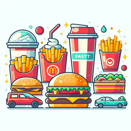 Fast food vector illustration. Burger, french fries, soda drink and car.のイラスト素材